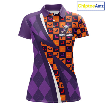Womens Halloween Golf Polo Shirts Custom Name Orange & Purple Argyle Pattern Golf Team Attire NYN4231