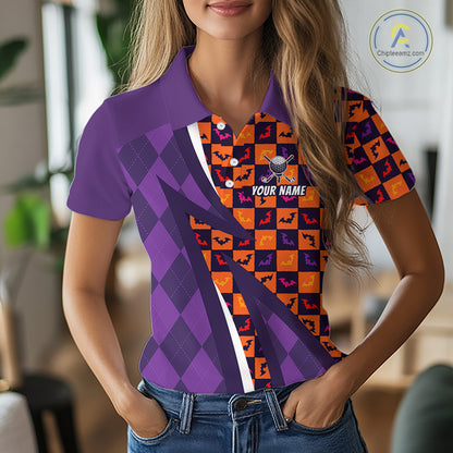 Womens Halloween Golf Polo Shirts Custom Name Orange & Purple Argyle Pattern Golf Team Attire NYN4231