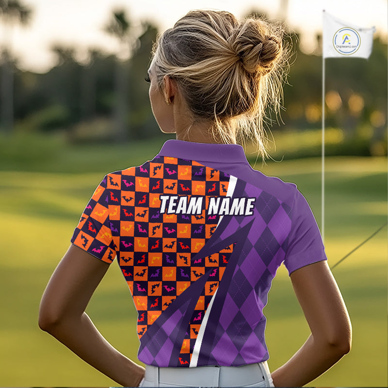 Womens Halloween Golf Polo Shirts Custom Name Orange & Purple Argyle Pattern Golf Team Attire NYN4231
