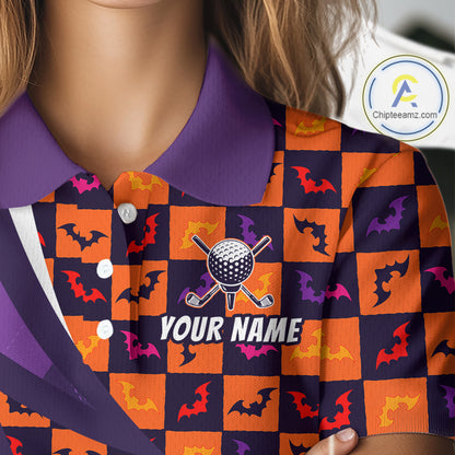 Womens Halloween Golf Polo Shirts Custom Name Orange & Purple Argyle Pattern Golf Team Attire NYN4231