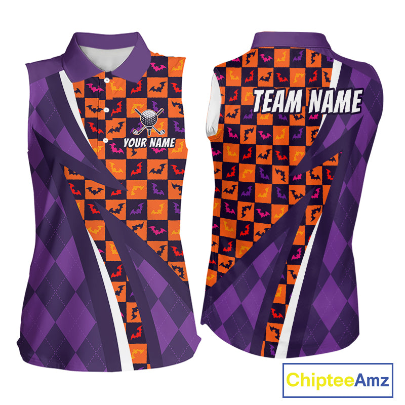 Womens Halloween Golf Sleeveless Polo Shirts Custom Name Orange & Purple Argyle Pattern Golf Team Attire NYN4231