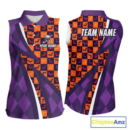 Womens Halloween Golf Sleeveless Polo Shirts Custom Name Orange & Purple Argyle Pattern Golf Team Attire NYN4231