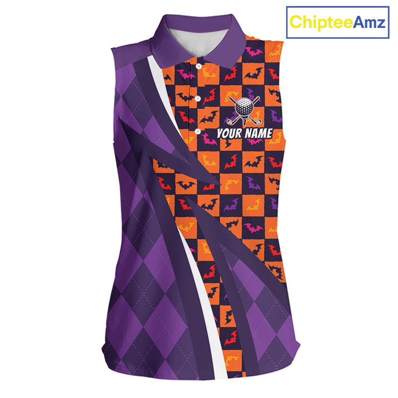 Womens Halloween Golf Sleeveless Polo Shirts Custom Name Orange & Purple Argyle Pattern Golf Team Attire NYN4231