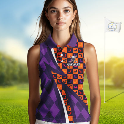 Womens Halloween Golf Sleeveless Polo Shirts Custom Name Orange & Purple Argyle Pattern Golf Team Attire NYN4231