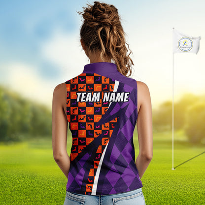 Womens Halloween Golf Sleeveless Polo Shirts Custom Name Orange & Purple Argyle Pattern Golf Team Attire NYN4231