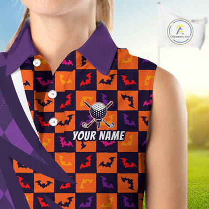 Womens Halloween Golf Sleeveless Polo Shirts Custom Name Orange & Purple Argyle Pattern Golf Team Attire NYN4231