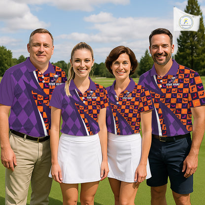 Mens Halloween Golf Polo Shirts Custom Name Orange & Purple Argyle Pattern Golf Team Attire NYN4231