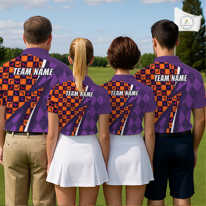Mens Halloween Golf Polo Shirts Custom Name Orange & Purple Argyle Pattern Golf Team Attire NYN4231
