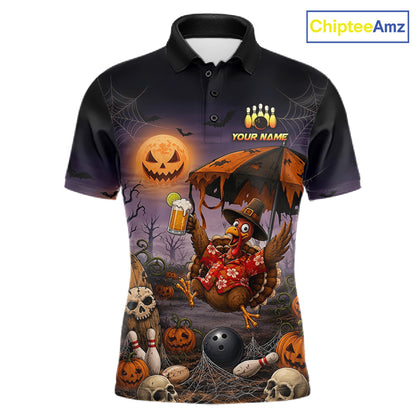 Custom Name Halloween Bowling Polo 1/4-Zip Shirt Funny Jumping Turkey With Beer Bowling Jersey For Men NYN4243