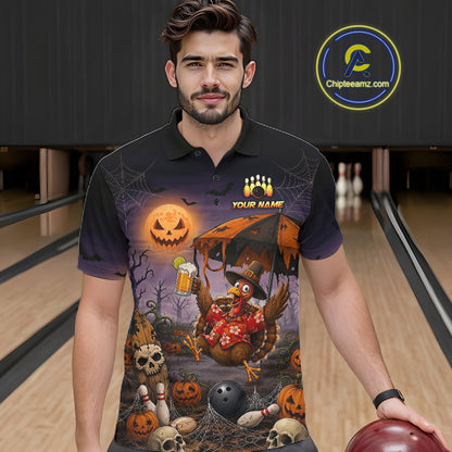 Custom Name Halloween Bowling Polo 1/4-Zip Shirt Funny Jumping Turkey With Beer Bowling Jersey For Men NYN4243