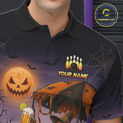 Custom Name Halloween Bowling Polo 1/4-Zip Shirt Funny Jumping Turkey With Beer Bowling Jersey For Men NYN4243