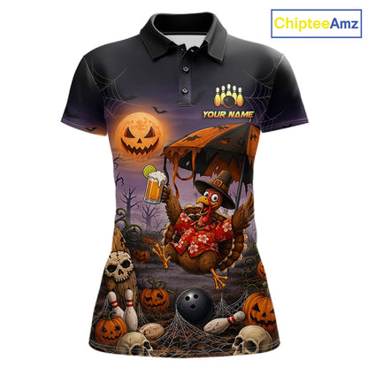 Custom Name Halloween Bowling Polo 1/4-Zip Shirt Funny Jumping Turkey With Beer Bowling Jersey For Women NYN4243