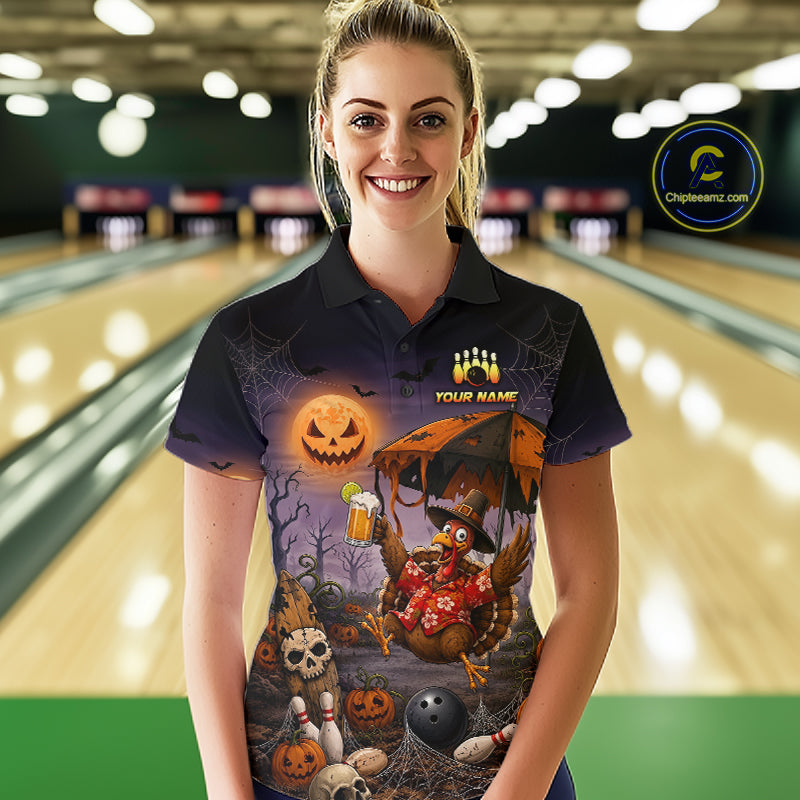 Custom Name Halloween Bowling Polo 1/4-Zip Shirt Funny Jumping Turkey With Beer Bowling Jersey For Women NYN4243