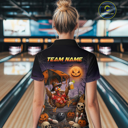 Custom Name Halloween Bowling Polo 1/4-Zip Shirt Funny Jumping Turkey With Beer Bowling Jersey For Women NYN4243