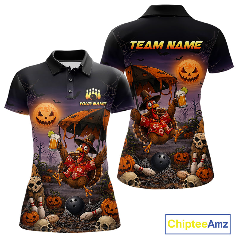 Custom Name Halloween Bowling Polo 1/4-Zip Shirt Funny Jumping Turkey With Beer Bowling Jersey For Women NYN4243