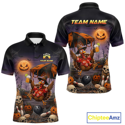 Custom Name Halloween Bowling Polo 1/4-Zip Shirt Funny Jumping Turkey With Beer Bowling Jersey For Men NYN4243