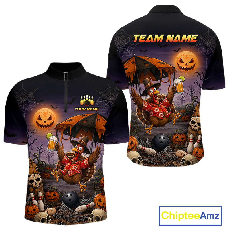 Custom Name Halloween Bowling Polo 1/4-Zip Shirt Funny Jumping Turkey With Beer Bowling Jersey For Men NYN4243