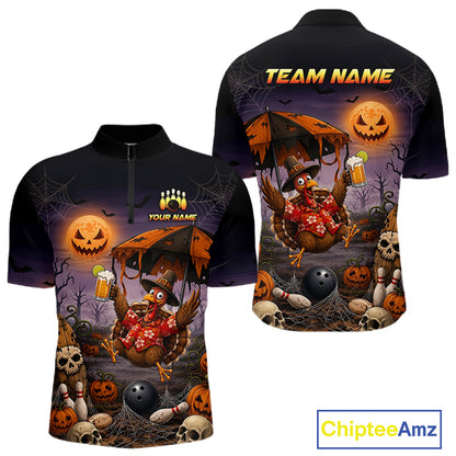 Custom Name Halloween Bowling Polo 1/4-Zip Shirt Funny Jumping Turkey With Beer Bowling Jersey For Men NYN4243