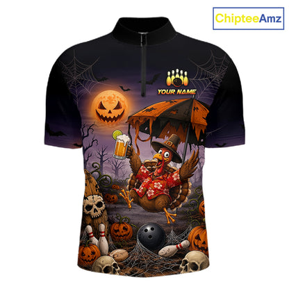Custom Name Halloween Bowling Polo 1/4-Zip Shirt Funny Jumping Turkey With Beer Bowling Jersey For Men NYN4243