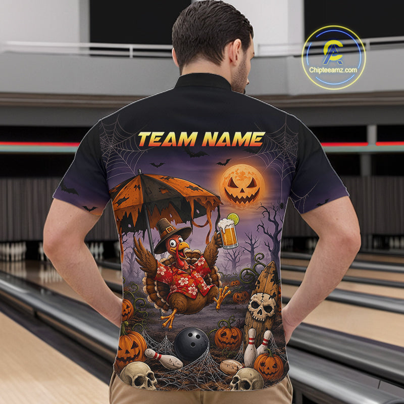 Custom Name Halloween Bowling Polo 1/4-Zip Shirt Funny Jumping Turkey With Beer Bowling Jersey For Men NYN4243