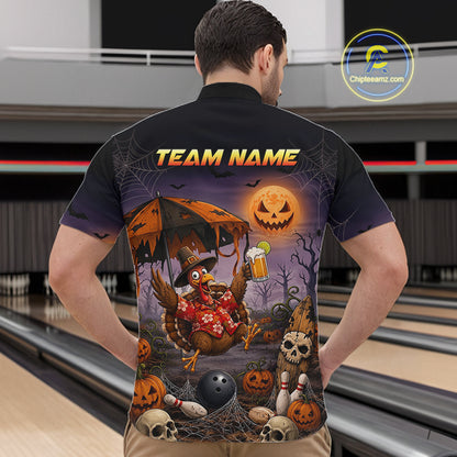 Custom Name Halloween Bowling Polo 1/4-Zip Shirt Funny Jumping Turkey With Beer Bowling Jersey For Men NYN4243