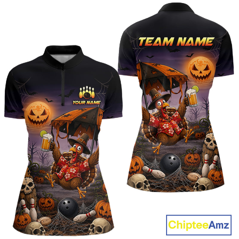Custom Name Halloween Bowling Polo 1/4-Zip Shirt Funny Jumping Turkey With Beer Bowling Jersey For Women NYN4243