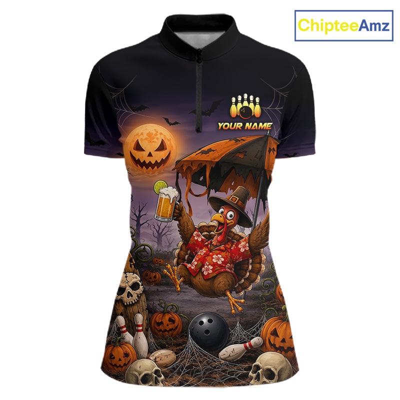 Custom Name Halloween Bowling Polo 1/4-Zip Shirt Funny Jumping Turkey With Beer Bowling Jersey For Women NYN4243