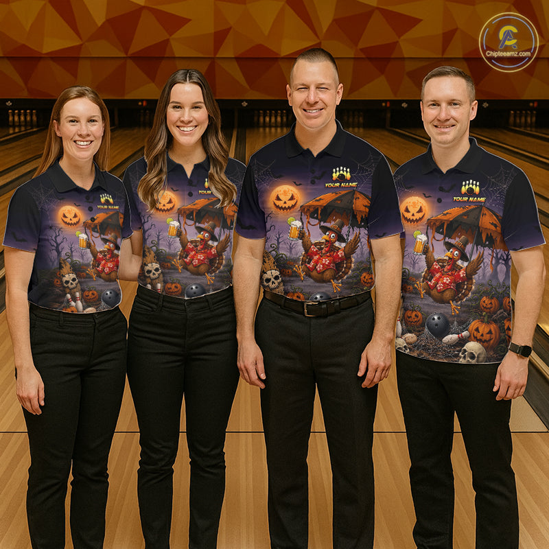 Custom Name Halloween Bowling Polo 1/4-Zip Shirt Funny Jumping Turkey With Beer Bowling Jersey For Women NYN4243