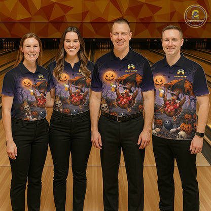Custom Name Halloween Bowling Polo 1/4-Zip Shirt Funny Jumping Turkey With Beer Bowling Jersey For Women NYN4243