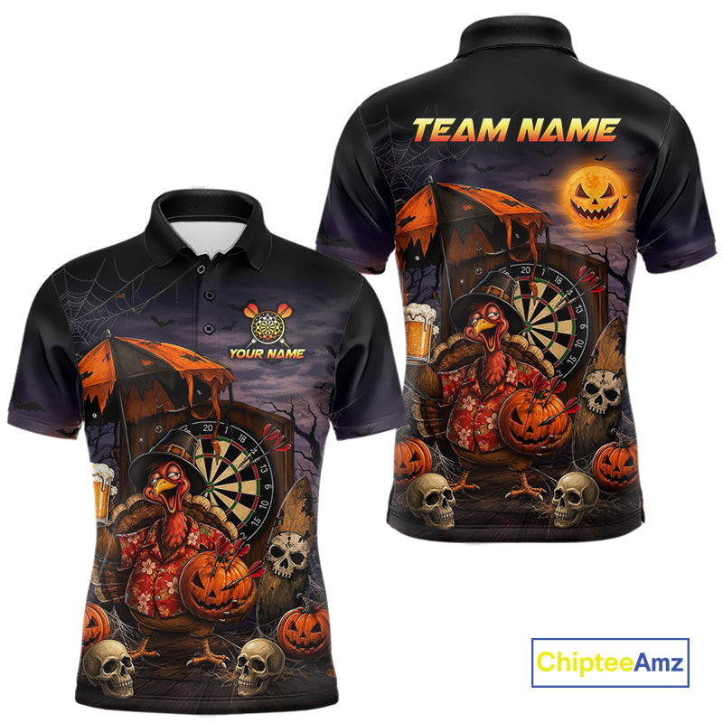 Custom Halloween Darts Polo 1/4-Zip Shirt Funny Drunk Turkey With Beer Pumpkin Darts Jersey For Men NYN4244