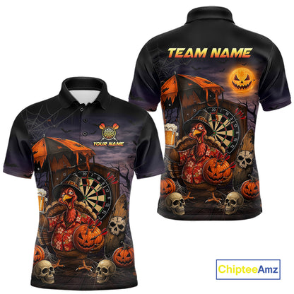 Custom Halloween Darts Polo 1/4-Zip Shirt Funny Drunk Turkey With Beer Pumpkin Darts Jersey For Men NYN4244