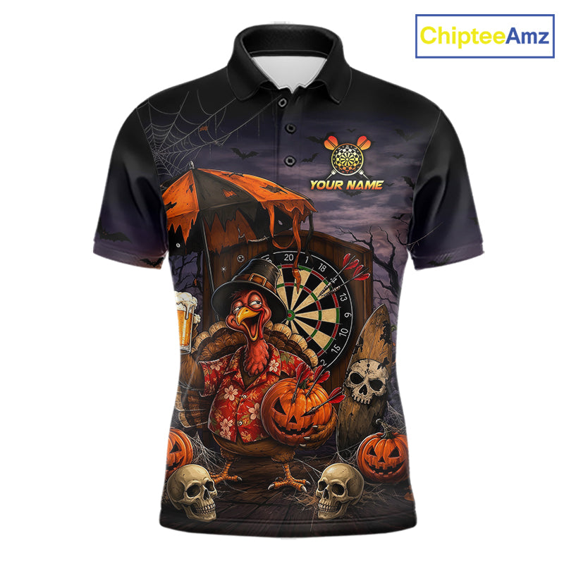 Custom Halloween Darts Polo 1/4-Zip Shirt Funny Drunk Turkey With Beer Pumpkin Darts Jersey For Men NYN4244