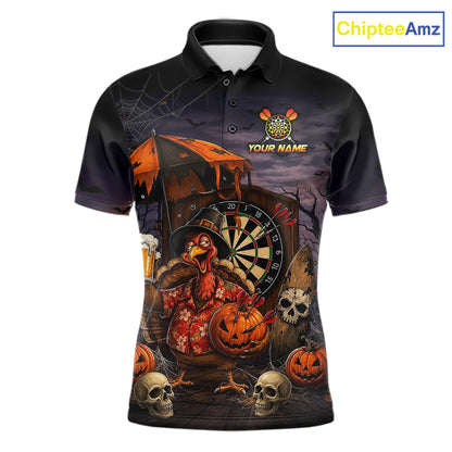 Custom Halloween Darts Polo 1/4-Zip Shirt Funny Drunk Turkey With Beer Pumpkin Darts Jersey For Men NYN4244