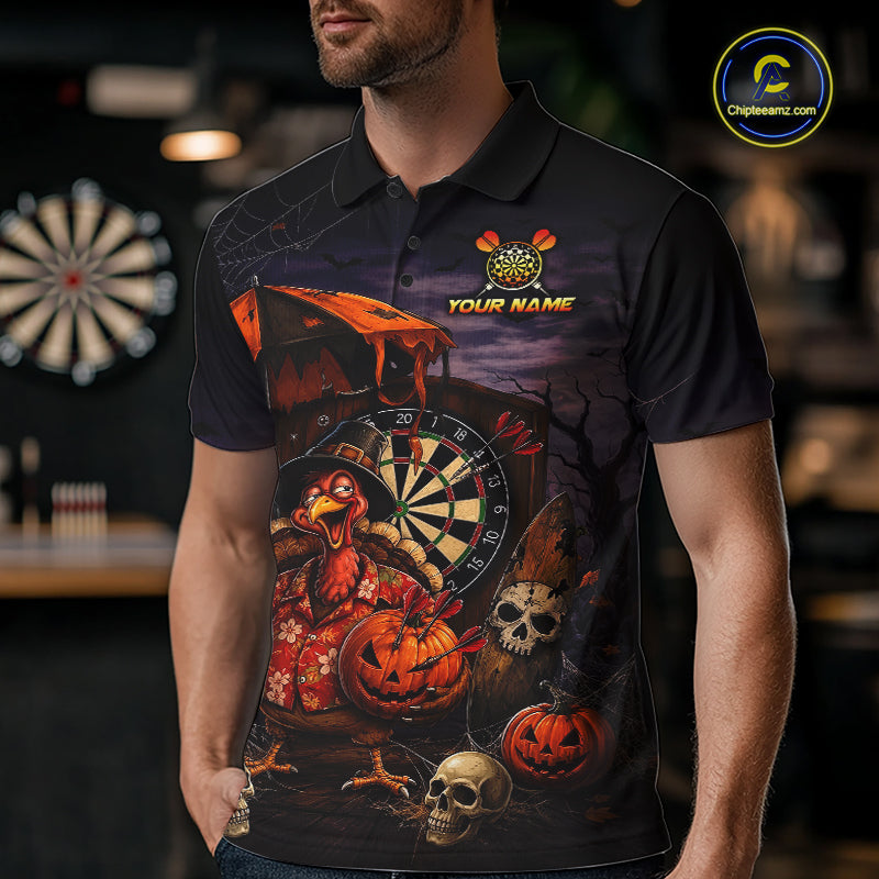 Custom Halloween Darts Polo 1/4-Zip Shirt Funny Drunk Turkey With Beer Pumpkin Darts Jersey For Men NYN4244