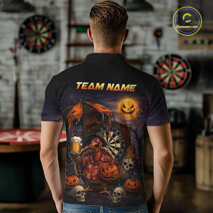 Custom Halloween Darts Polo 1/4-Zip Shirt Funny Drunk Turkey With Beer Pumpkin Darts Jersey For Men NYN4244