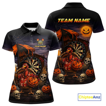 Custom Halloween Darts Polo 1/4-Zip Shirt Funny Drunk Turkey With Beer Pumpkin Darts Jersey For Women NYN4244