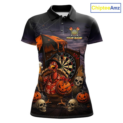 Custom Halloween Darts Polo 1/4-Zip Shirt Funny Drunk Turkey With Beer Pumpkin Darts Jersey For Women NYN4244