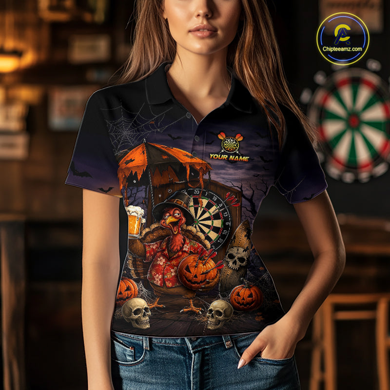 Custom Halloween Darts Polo 1/4-Zip Shirt Funny Drunk Turkey With Beer Pumpkin Darts Jersey For Women NYN4244