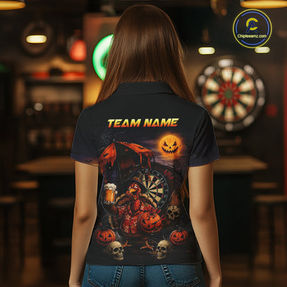 Custom Halloween Darts Polo 1/4-Zip Shirt Funny Drunk Turkey With Beer Pumpkin Darts Jersey For Women NYN4244