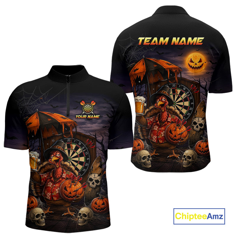 Custom Halloween Darts Polo 1/4-Zip Shirt Funny Drunk Turkey With Beer Pumpkin Darts Jersey For Men NYN4244