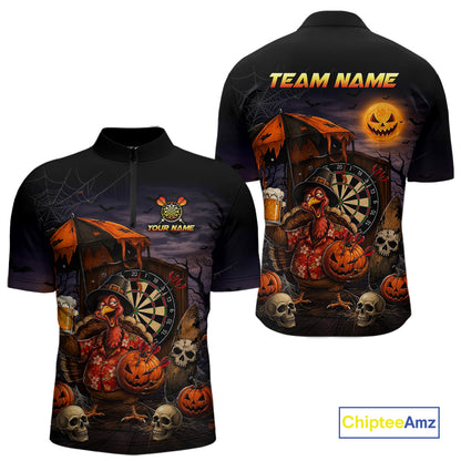 Custom Halloween Darts Polo 1/4-Zip Shirt Funny Drunk Turkey With Beer Pumpkin Darts Jersey For Men NYN4244