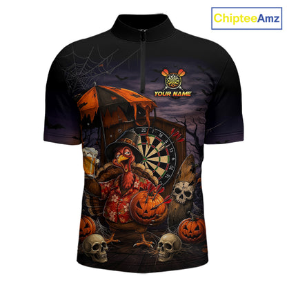 Custom Halloween Darts Polo 1/4-Zip Shirt Funny Drunk Turkey With Beer Pumpkin Darts Jersey For Men NYN4244