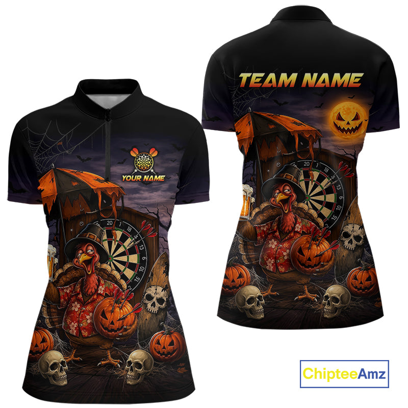 Custom Halloween Darts Polo 1/4-Zip Shirt Funny Drunk Turkey With Beer Pumpkin Darts Jersey For Women NYN4244