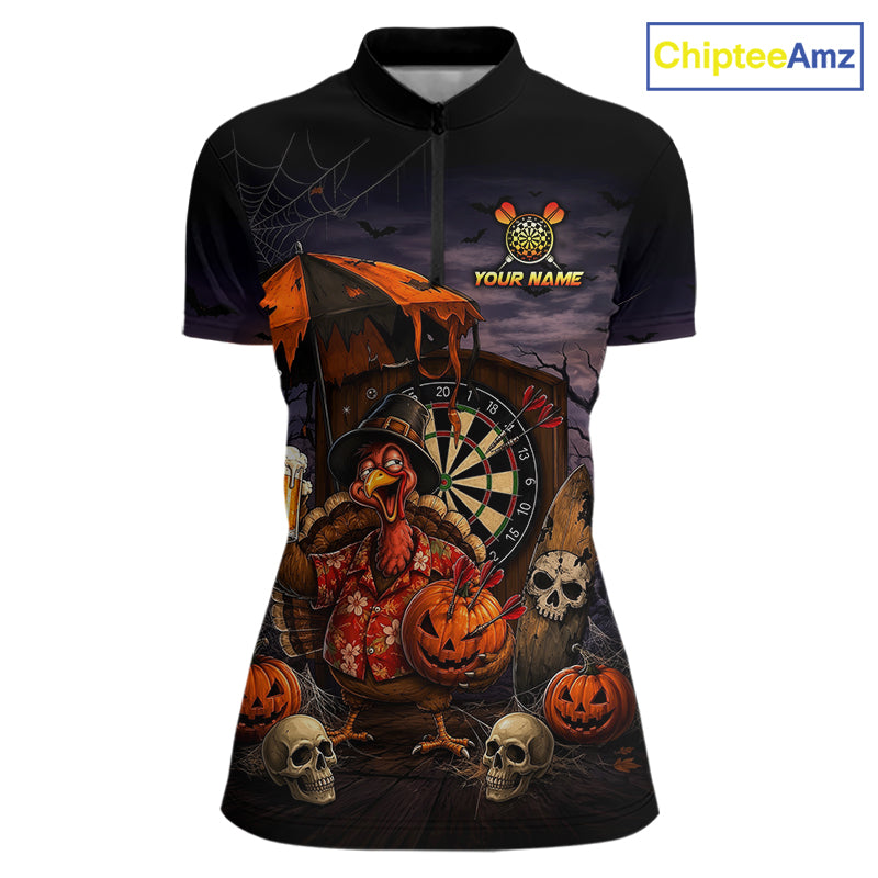 Custom Halloween Darts Polo 1/4-Zip Shirt Funny Drunk Turkey With Beer Pumpkin Darts Jersey For Women NYN4244