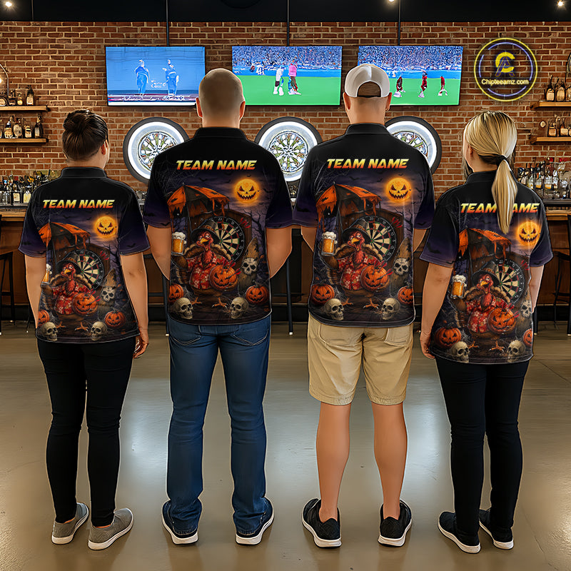 Custom Halloween Darts Polo 1/4-Zip Shirt Funny Drunk Turkey With Beer Pumpkin Darts Jersey For Men NYN4244