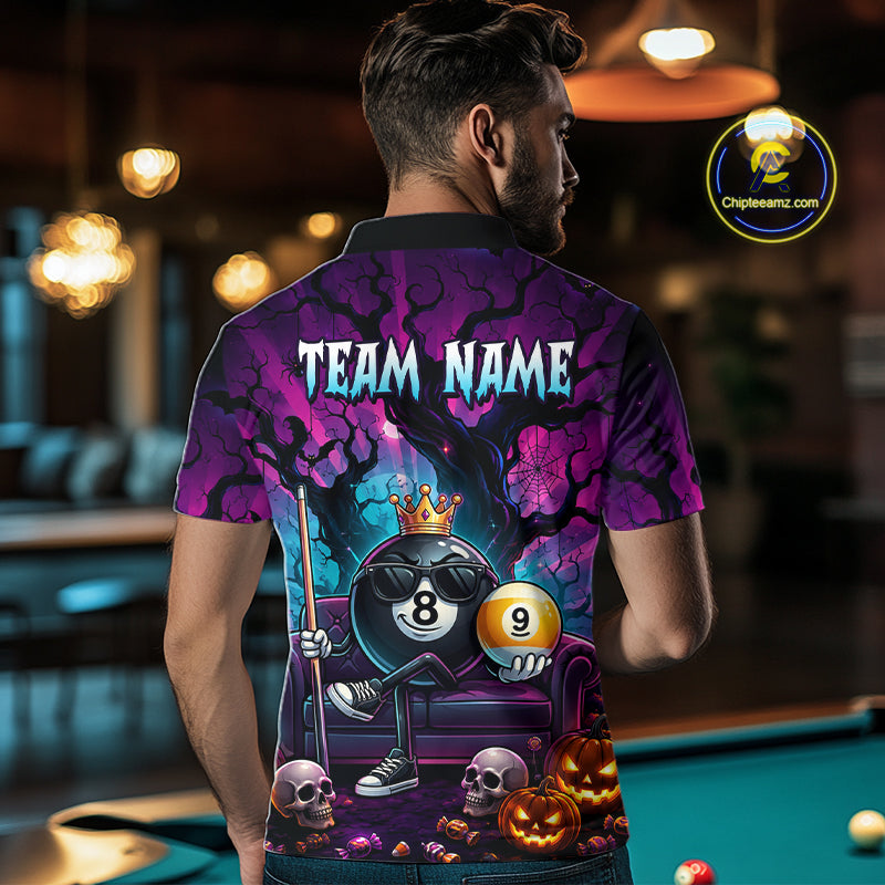 Custom Halloween Pool Billiard Shirt For Men, Cool Crown 8 Ball & 9 Ball Halloween Billiard Team Jersey NYN4247