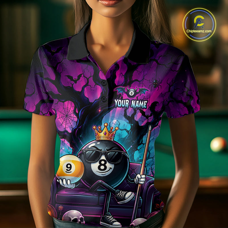 Custom Halloween Pool Billiard Shirt For Women, Cool Crown 8 Ball & 9 Ball Halloween Billiard Team Jersey NYN4247