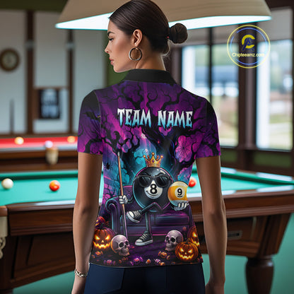 Custom Halloween Pool Billiard Shirt For Women, Cool Crown 8 Ball & 9 Ball Halloween Billiard Team Jersey NYN4247