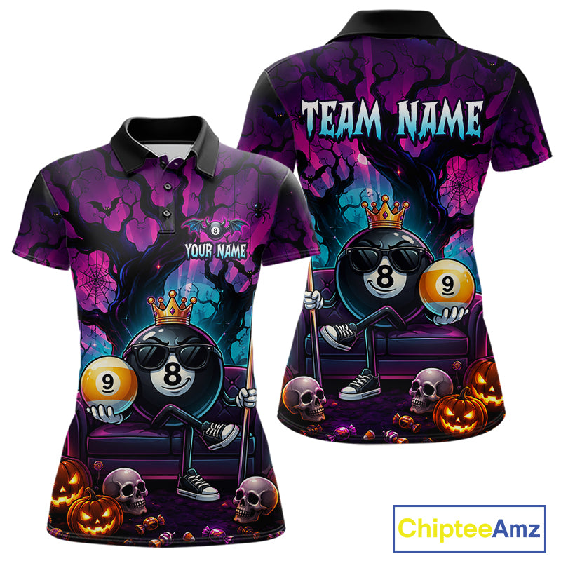 Custom Halloween Pool Billiard Shirt For Women, Cool Crown 8 Ball & 9 Ball Halloween Billiard Team Jersey NYN4247