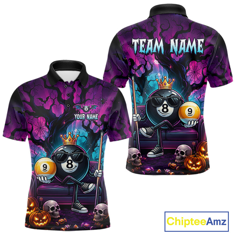 Custom Halloween Pool Billiard Shirt For Men, Cool Crown 8 Ball & 9 Ball Halloween Billiard Team Jersey NYN4247